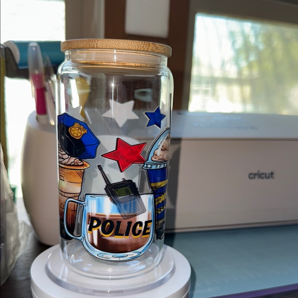 Police Themed Glass Tumbler  with Bamboo Lid